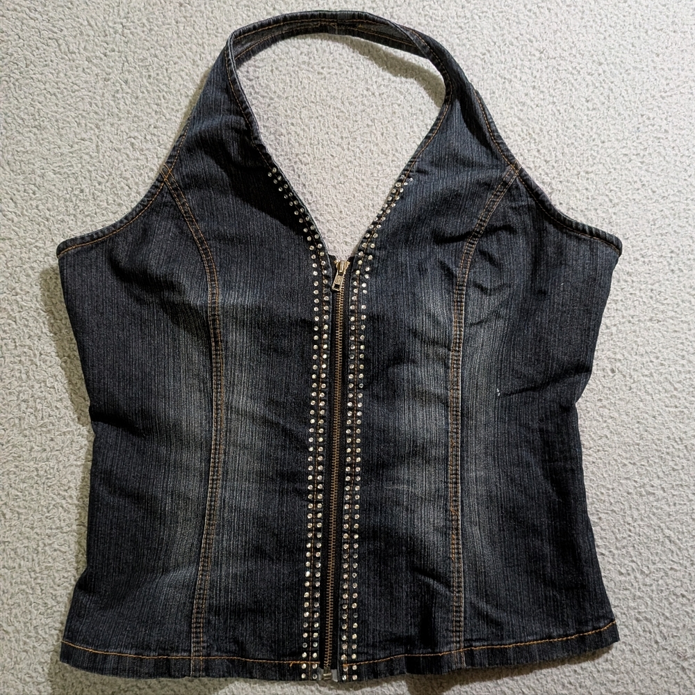 Platinum Plush Women`s Dark Wash Full Zip Jean Rhinestone Halter Top / Size XL